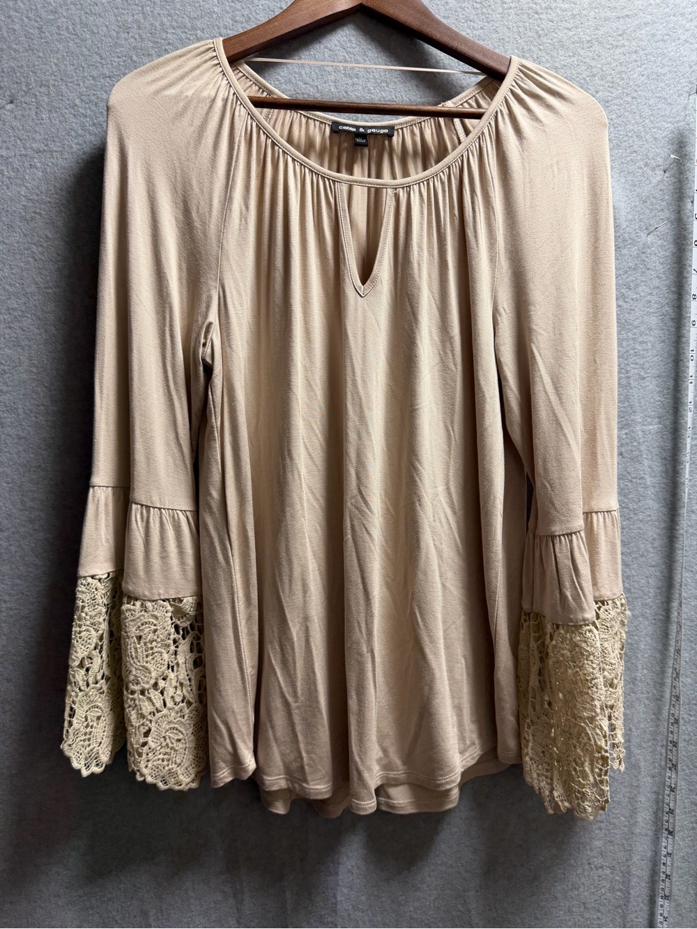 Cable & Gauge Beige Bell Sleeve Crochet-Trim Long Sleeve Top